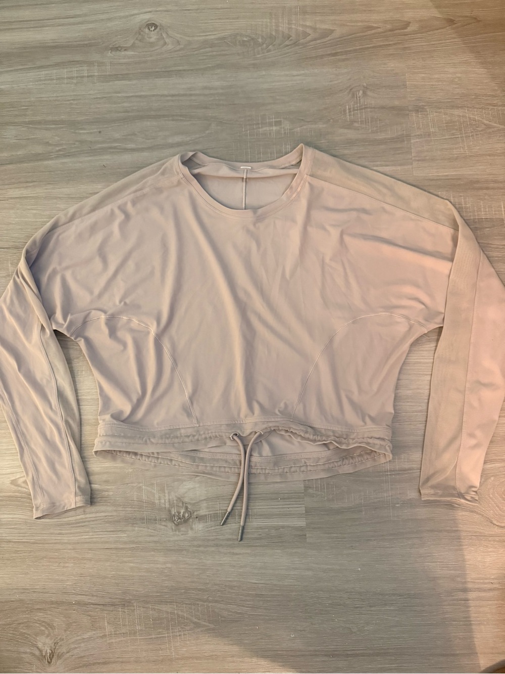Crop Drawstring Long-Sleeve Top in Light Beige